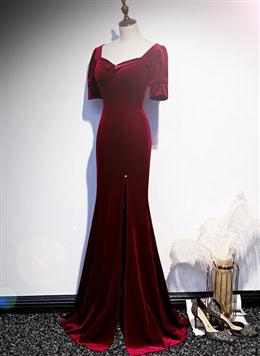 Picture of Wine Red Color Velvet Mermaid Long Evening Party Dress, Dark Red Color Velvet Formal Dress